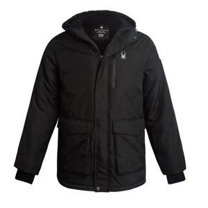 A black hooded jacket with a Spyder logo, featuring multiple front pockets and a zip-up front with additional button snaps.