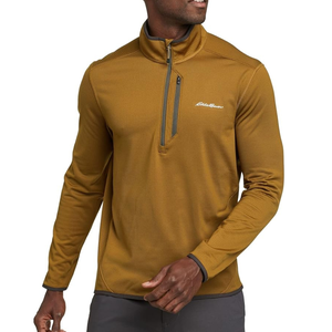 Brown quarter-zip pullover with a chest zipper pocket, featuring a subtle embroidered logo on the left side.