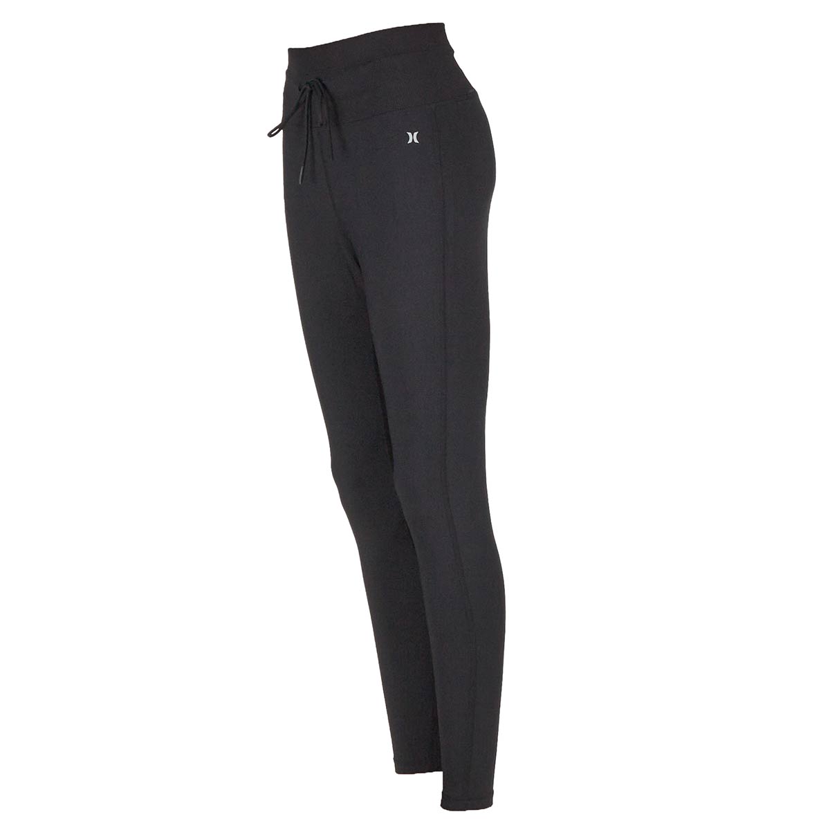 Black Hurley tight leggings with a drawstring waist and a small white logo on the upper left thigh.