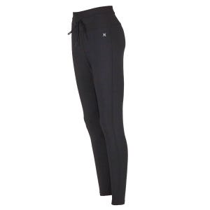 Black Hurley tight leggings with a drawstring waist and a small white logo on the upper left thigh.