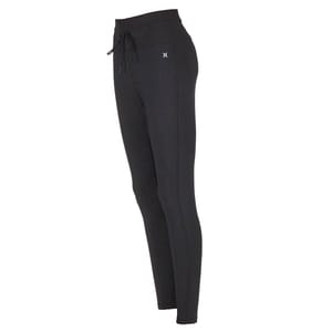 Black Hurley tight leggings with a drawstring waist and a small white logo on the upper left thigh.