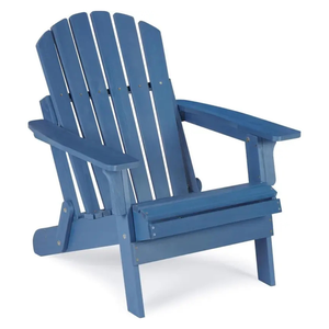 A blue wooden Adirondack chair with a slatted back, wide armrests, and angled legs, designed for outdoor seating.