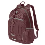 A burgundy Eddie Bauer Stowaway 30L backpack with multiple compartments, front buckle strap, and mesh side pockets.