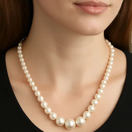 A woman is wearing a classic pearl necklace with graduated white pearls, featuring a larger central pearl, paired with a black top.