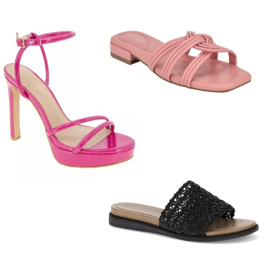 Three different styles of women's sandals in various shades of pink: a high-heeled strappy sandal, a flat strappy sandal, and a flat slide with a black woven strap.