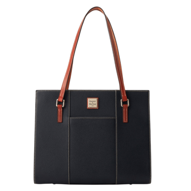 A black leather tote bag with brown handles and visible stitching, featuring a small Dooney & Bourke logo in the center.