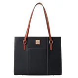 A black leather tote bag with brown handles and visible stitching, featuring a small Dooney & Bourke logo in the center.