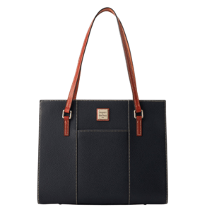 A black leather tote bag with brown handles and visible stitching, featuring a small Dooney & Bourke logo in the center.