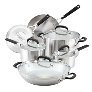 A set of stainless steel cookware, including pots, pans, and lids with black handles.