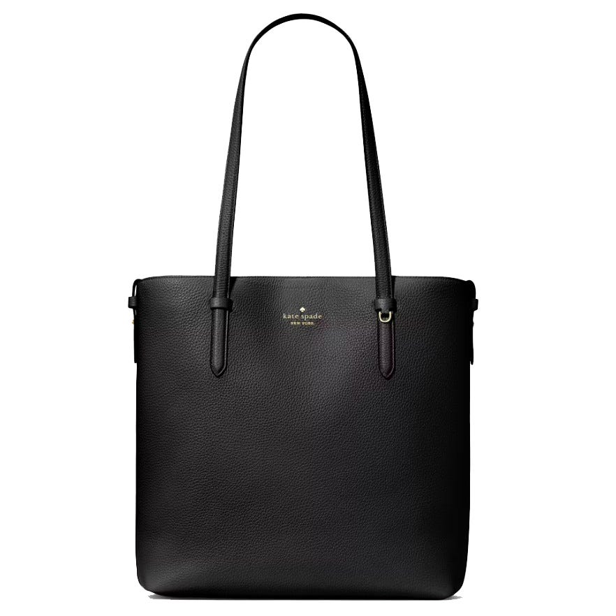 A black leather tote bag with dual shoulder straps and gold-tone logo detailing from Kate Spade New York.