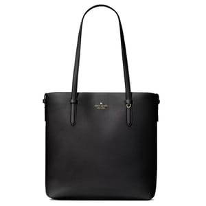 A black leather tote bag with dual shoulder straps and gold-tone logo detailing from Kate Spade New York.