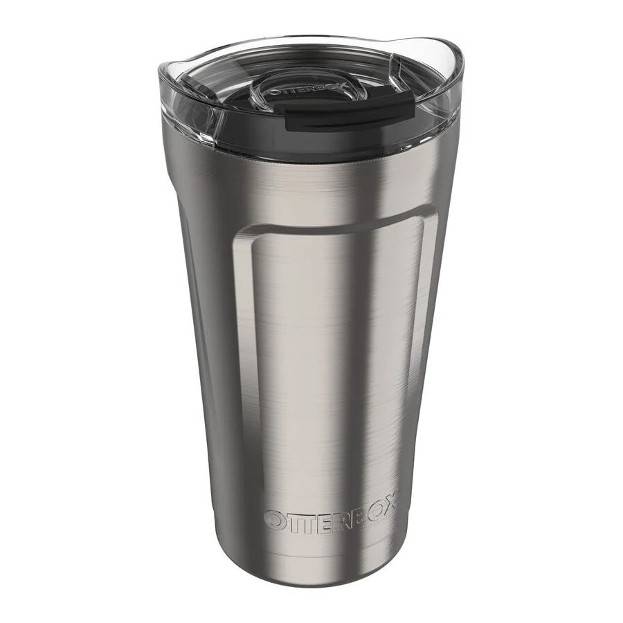 A stainless steel tumbler with a clear, plastic lid, featuring the OtterBox logo.