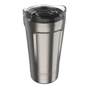 A stainless steel tumbler with a clear, plastic lid, featuring the OtterBox logo.