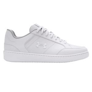 White Under Armour sneaker with a minimalist design, featuring the brand's logo on the side and a textured sole.