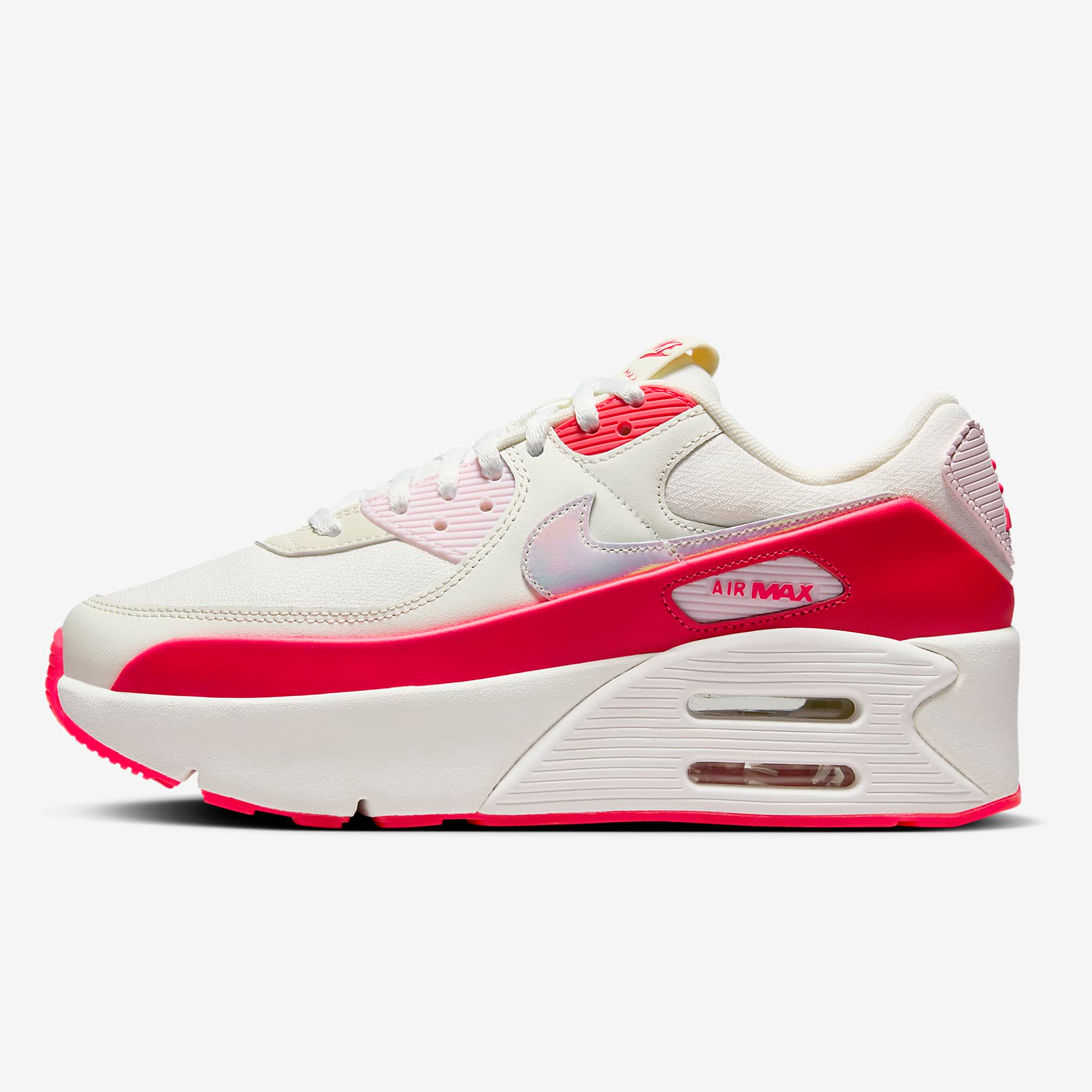 A white and red Nike Air Max sneaker with visible air cushioning in the sole.