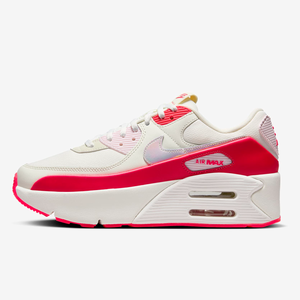 A white and red Nike Air Max sneaker with visible air cushioning in the sole.