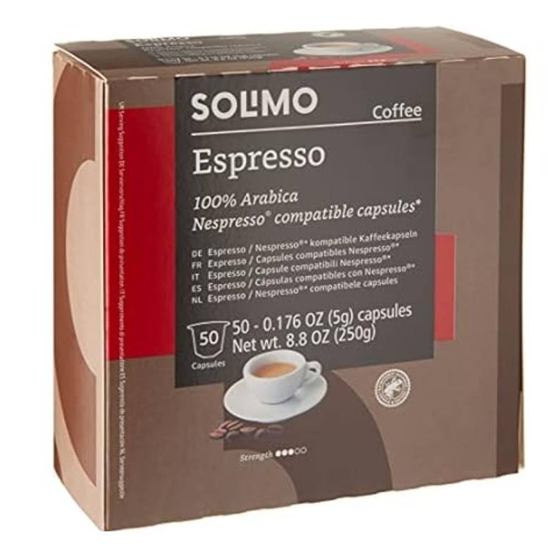 Solimo Espresso Capsules, 100% Arabica, compatible with Nespresso machines, contain 50 capsules, each 0.176 oz (5g), net weight 8.8 oz (250g), with medium strength (3/5).
