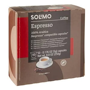 Solimo Espresso Capsules, 100% Arabica, compatible with Nespresso machines, contain 50 capsules, each 0.176 oz (5g), net weight 8.8 oz (250g), with medium strength (3/5).