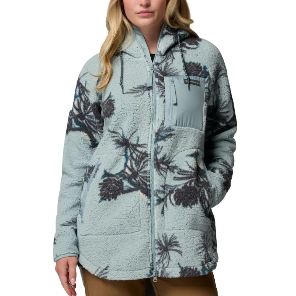 A light blue fleece jacket with a nature-inspired pattern, featuring a hood, zippered front, chest pocket, and hand pockets.