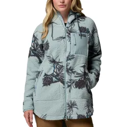 A light blue fleece jacket with a nature-inspired pattern, featuring a hood, zippered front, chest pocket, and hand pockets.