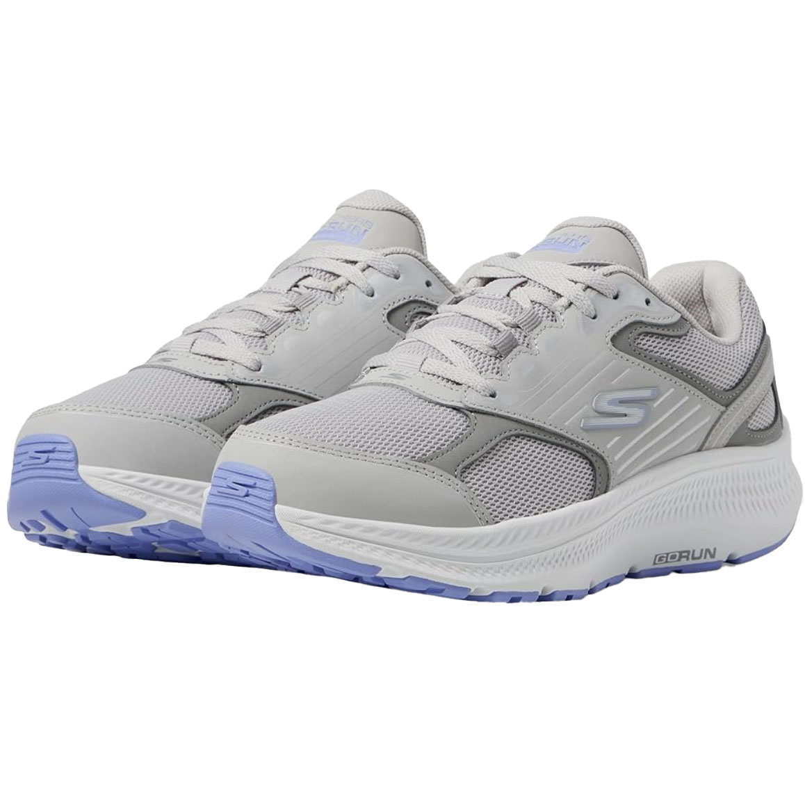Grey Skechers GoRun sneakers with light blue outsoles, featuring a mesh upper for breathability, cushioned interiors, and lace-up closure, suitable for running.