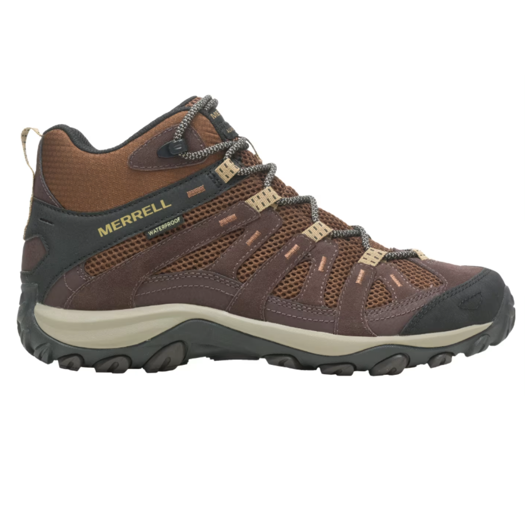 Merrell Alverstone Hiking Boots, shown in brown, feature a waterproof design with mesh and suede uppers, a durable rubber outsole, and secure lacing for outdoor activities.