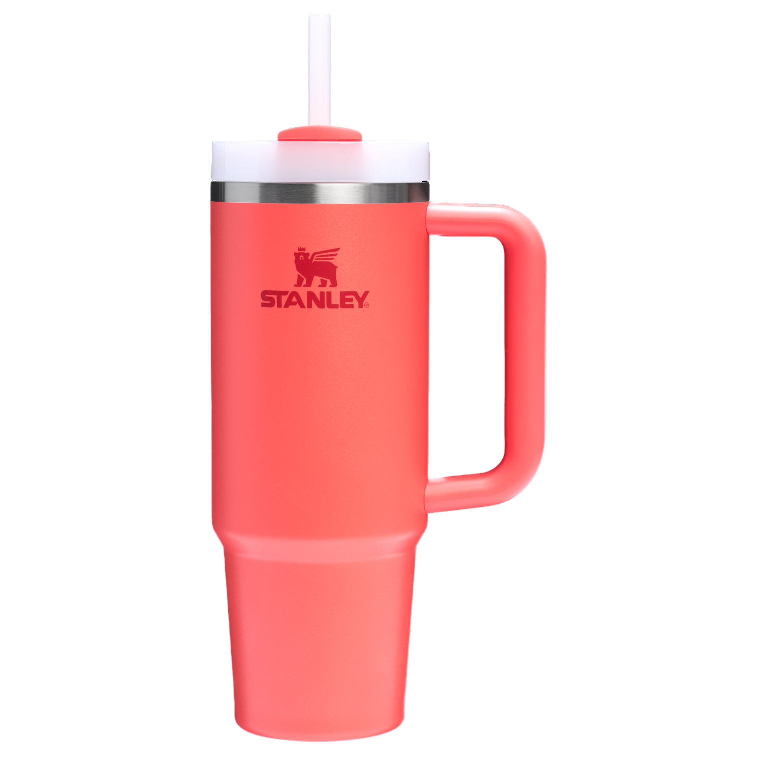 A coral-colored Stanley tumbler with a handle, featuring a white lid and straw.