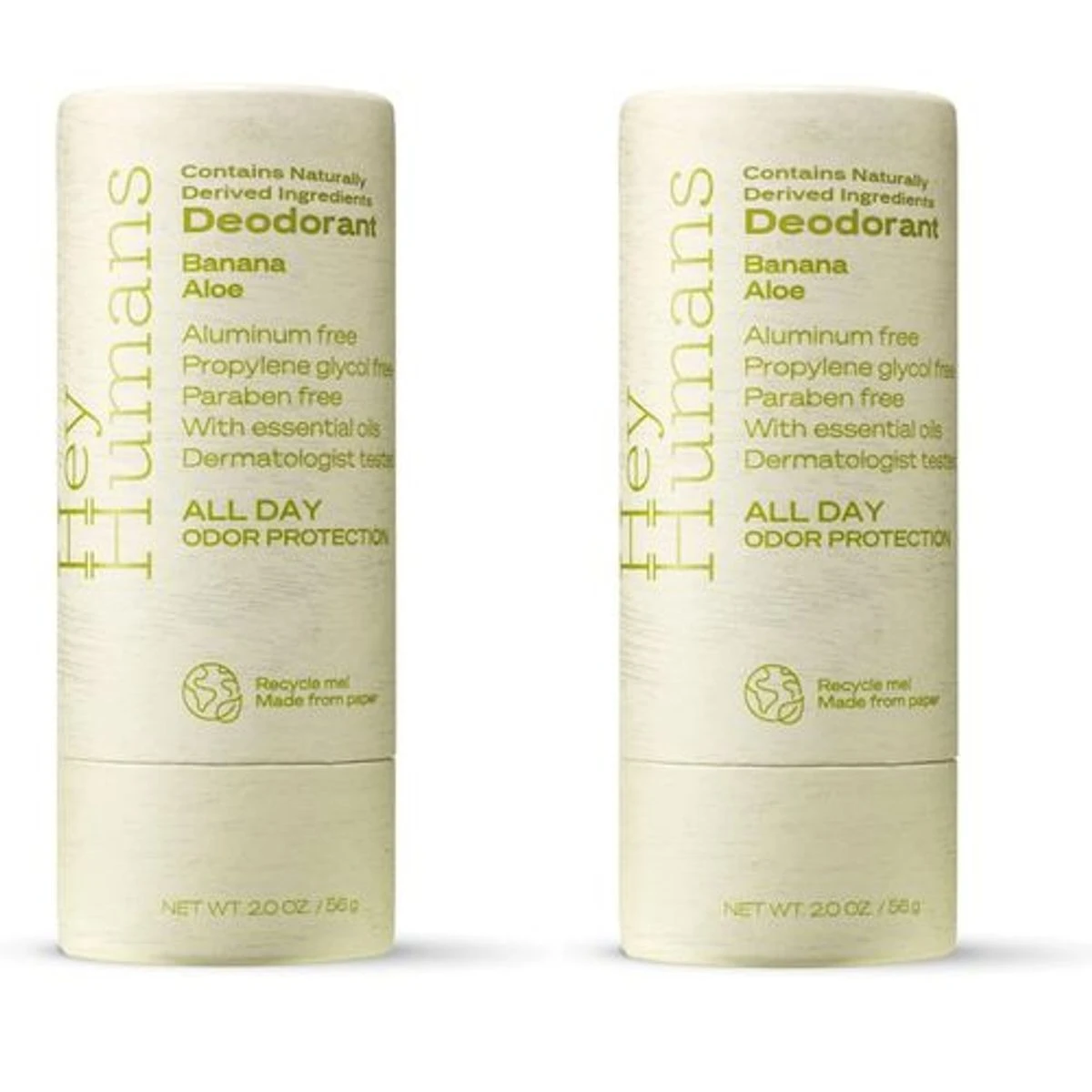 Hey Humans deodorant features banana and aloe, offering aluminum-free, paraben-free, and propylene glycol-free protection with essential oils, in a recyclable paper container.