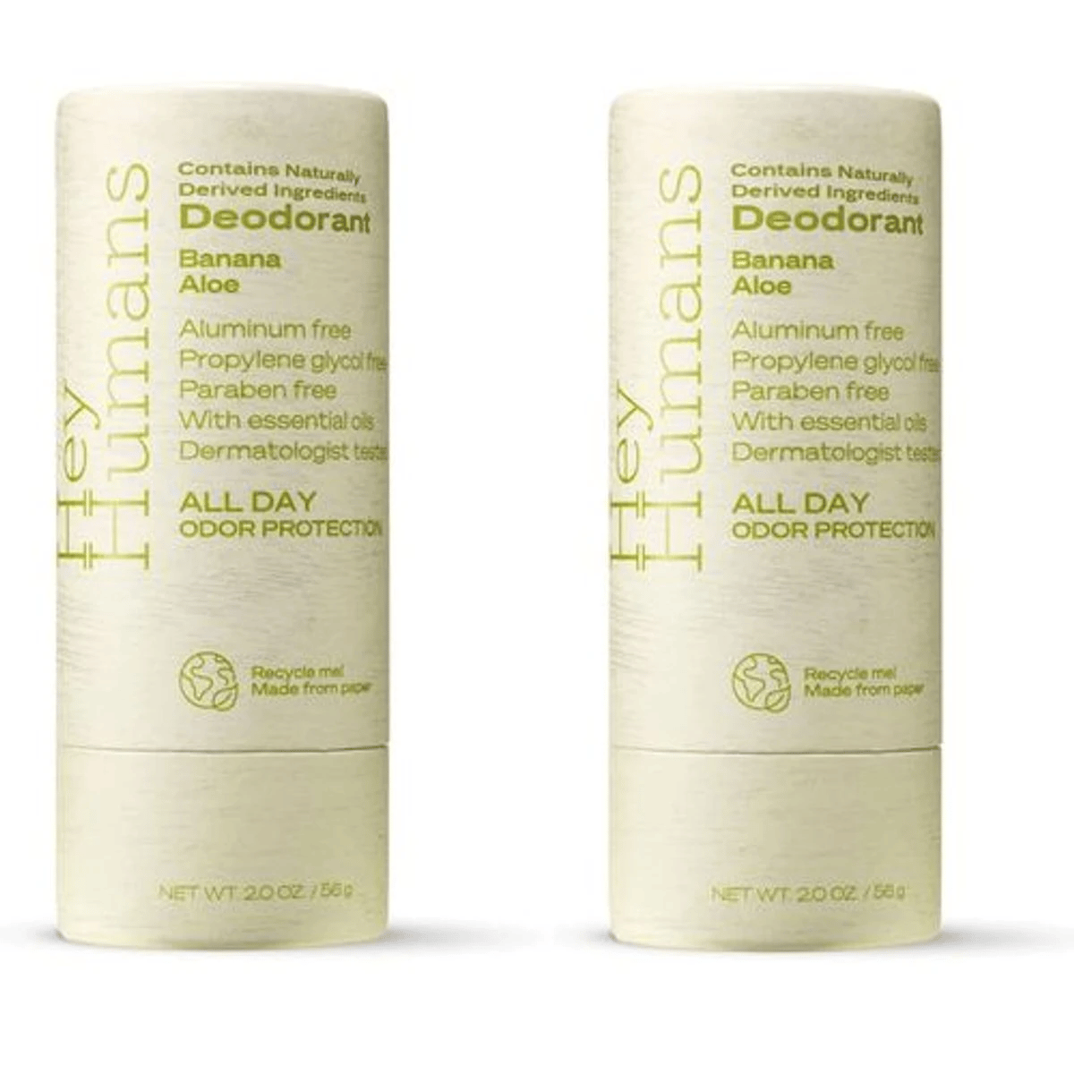Hey Humans deodorant features banana and aloe, offering aluminum-free, paraben-free, and propylene glycol-free protection with essential oils, in a recyclable paper container.