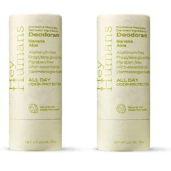 Hey Humans deodorant features banana and aloe, offering aluminum-free, paraben-free, and propylene glycol-free protection with essential oils, in a recyclable paper container.