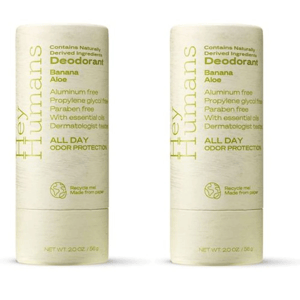 Hey Humans deodorant features banana and aloe, offering aluminum-free, paraben-free, and propylene glycol-free protection with essential oils, in a recyclable paper container.