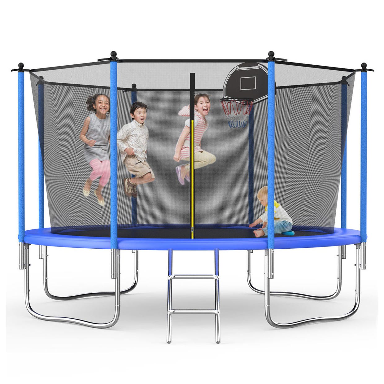 A trampoline with safety netting, featuring a ladder and a small basketball hoop. Four children are playing inside the trampoline.