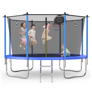 A trampoline with safety netting, featuring a ladder and a small basketball hoop. Four children are playing inside the trampoline.