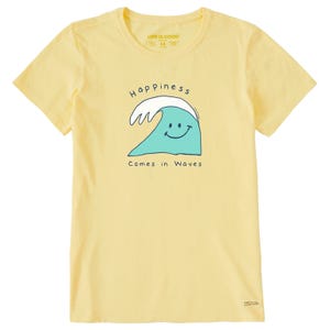 Yellow T-shirt featuring a smiling wave graphic with the text \“Happiness Comes in Waves.\“