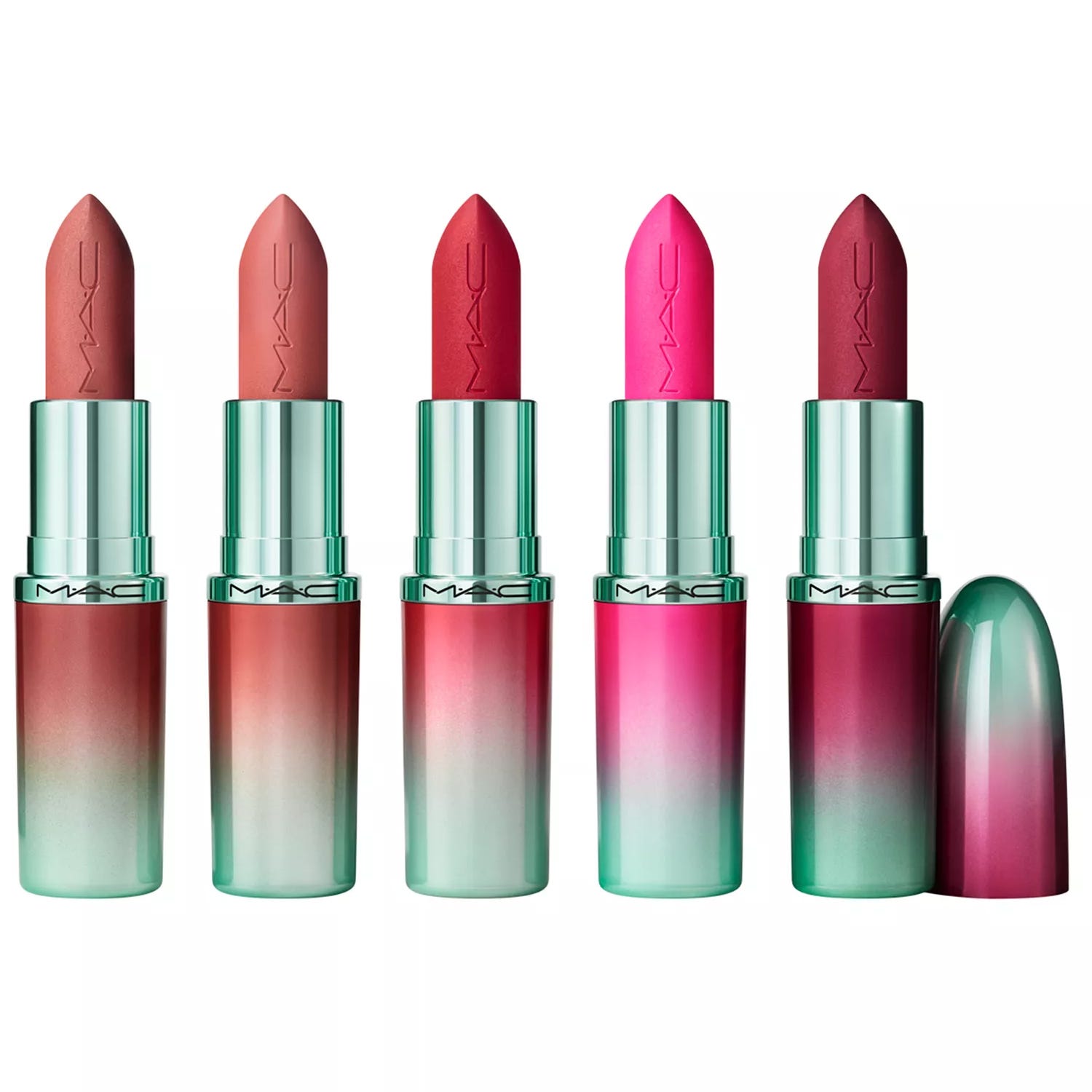Five MAC lipsticks with ombre teal and pink packaging, featuring shades in warm pink, nude, red, hot pink, and burgundy.