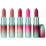 Five MAC lipsticks with ombre teal and pink packaging, featuring shades in warm pink, nude, red, hot pink, and burgundy.