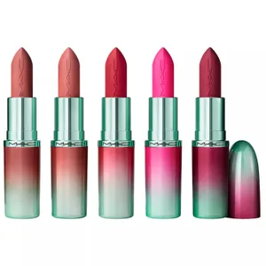 Five MAC lipsticks with ombre teal and pink packaging, featuring shades in warm pink, nude, red, hot pink, and burgundy.