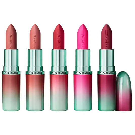 Five MAC lipsticks with ombre teal and pink packaging, featuring shades in warm pink, nude, red, hot pink, and burgundy.