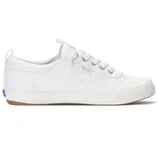 White low-top sneaker with floral lace overlay, featuring lace-up design and rubber sole.