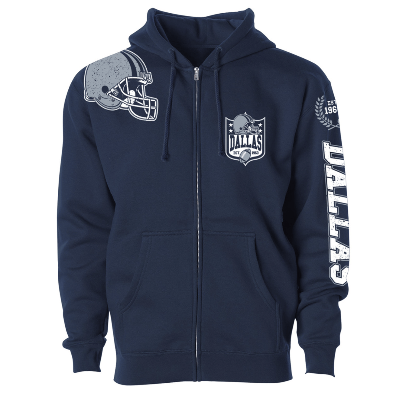 Navy blue zip-up hoodie featuring a football helmet graphic and \“Dallas\“ text, with additional emblems that include \“Est. 1960\“ on the sleeve and chest.