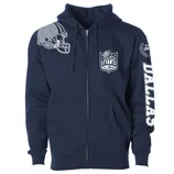 Navy blue zip-up hoodie featuring a football helmet graphic and \“Dallas\“ text, with additional emblems that include \“Est. 1960\“ on the sleeve and chest.
