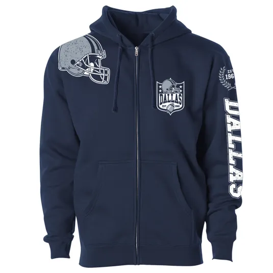 Navy blue zip-up hoodie featuring a football helmet graphic and \“Dallas\“ text, with additional emblems that include \“Est. 1960\“ on the sleeve and chest.