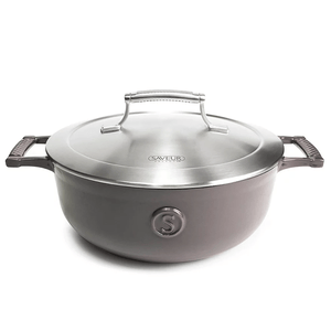 A stainless steel pot with a lid and two side handles, featuring the logo \“SAVEUR\“ on the lid and an \“S\“ emblem on the side.
