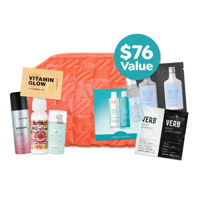 An orange zippered bag contains various hair and skincare products including Joico Weekend Hair, Amika's WizMe, Drybar Detox Shampoo, Moroccanoil samples, Liquid Glass, VERB Ghost Shampoo and Conditioner, and a Vitamin Glow sachet; valued at $76.