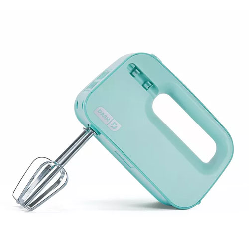 A compact, teal-colored hand mixer with a sleek design and a single beater attachment. It features an easy-to-grip handle and a minimalist aesthetic.