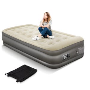 Twin air mattress with built-in pillow, featuring a durable gray and beige design, an integrated air pump on the side, and a storage bag.