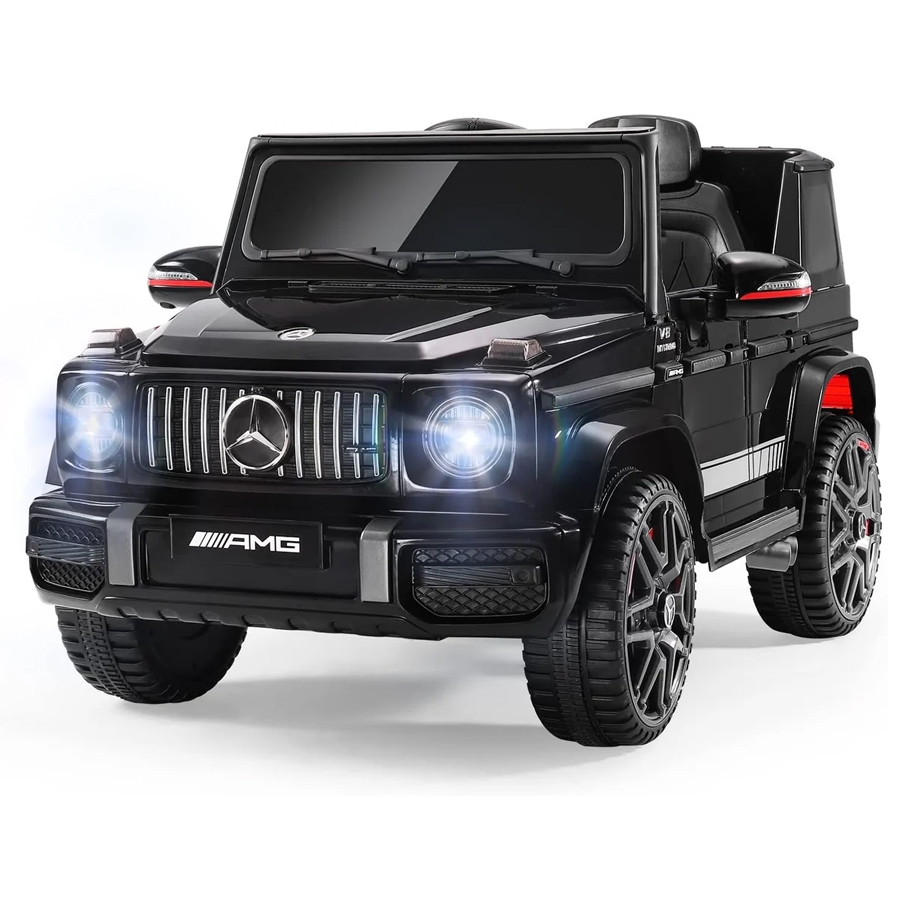 A black toy ride-on car modeled after a Mercedes-Benz AMG with LED headlights and alloy-style wheels.