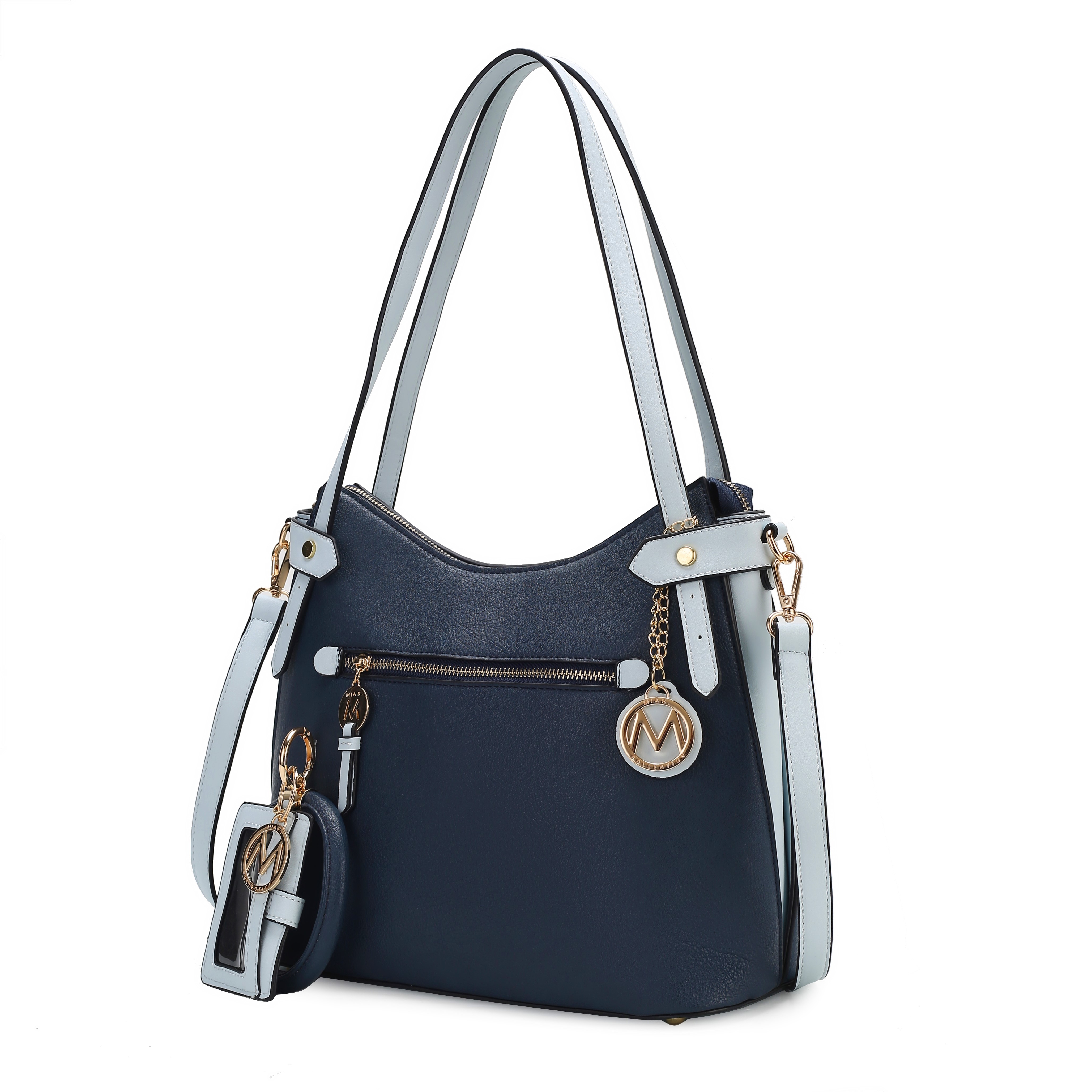 A stylish navy blue and light blue MKF hobo bag with gold-tone zippers and chain accents, featuring a front zipper pocket and an \“M\“ medallion, paired with a matching cardholder attached by a keyring.