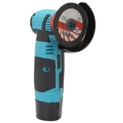 A blue and black cordless angle grinder with a 3-inch disc, designed for cutting and grinding tasks, features a compact and ergonomic design.