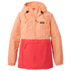 Color-blocked anorak with a peach hood and upper half, and a pink lower half. Features a zippered chest pocket, drawstrings on the hood, and elastic cuffs.